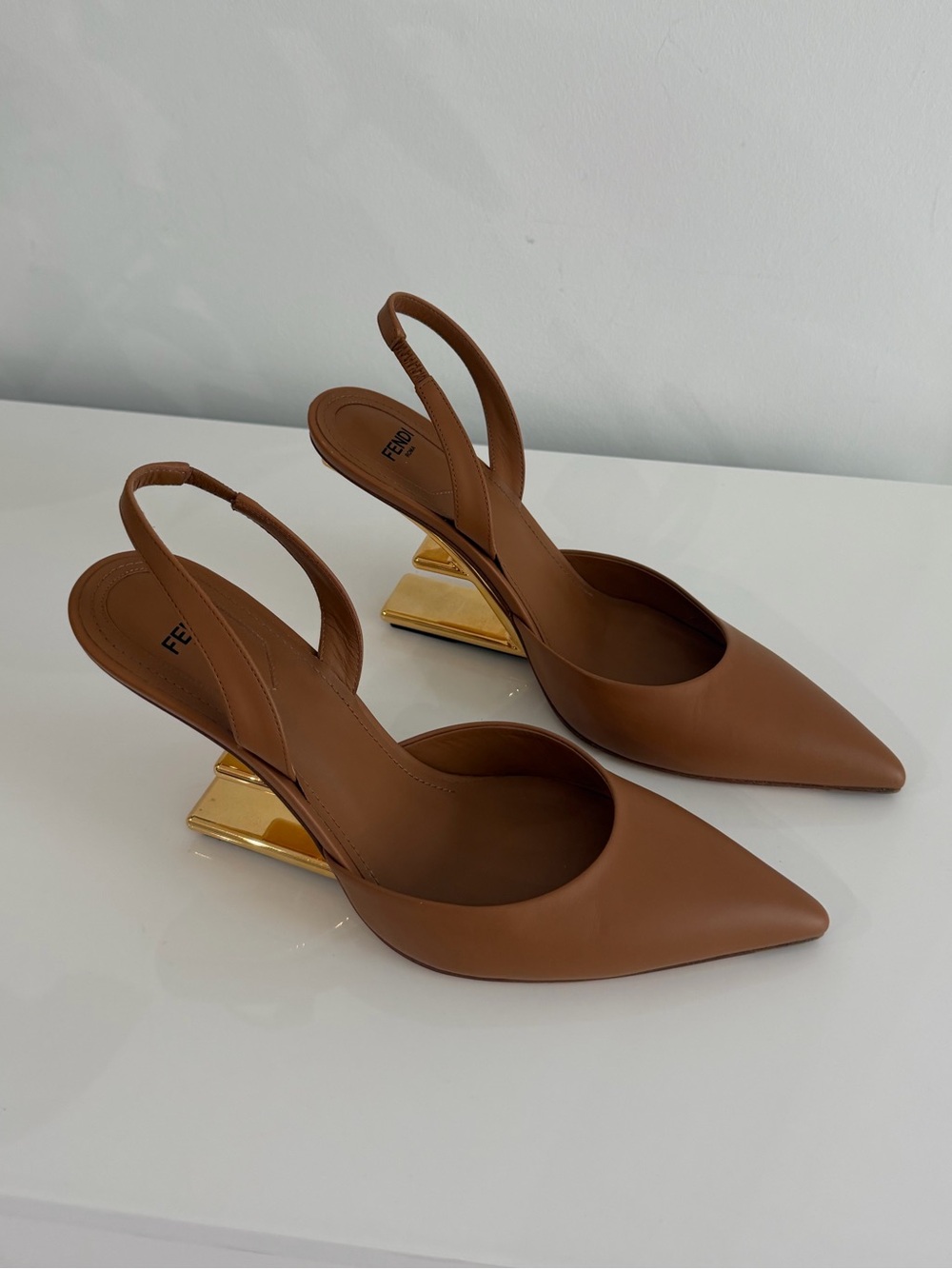 Fendi Brown Pointed Slingback Pumps with Gold Sculpted Heel - Picture 2 of 4